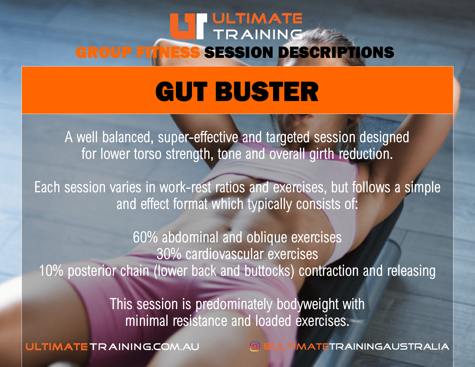 Ultimate Training Group Fitness Gut Buster Session Details